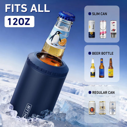 3 in 1 Slim Can Cooler for 12 OZ Skinny Can, Regular Can & Beer Bottle - Keep Cold for 6 Hours - Double Walled Insulated Stainless Steel Vacuum Beverage Can Insulator (Navy Blue)