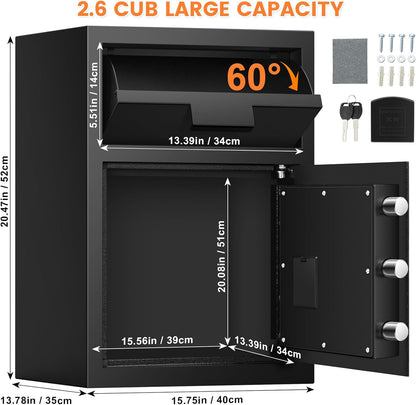 2.7 Cubic Drop Slot Safes for Money Jewelry, Drop Safe for Business with Combination Lock and Key, Mute Function,Depository Safe for Money Jewelry Home Business Office